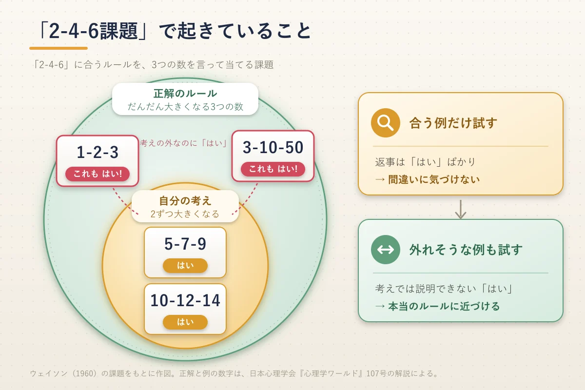 2-4-6課題の図解。正解のルール「だんだん大きくなる3つの数」の円の中に、自分の考え「2ずつ大きくなる」の円が入っている。考えに合う5-7-9や10-12-14も、考えの外の1-2-3や3-10-50も、返事はどれも「はい」になる